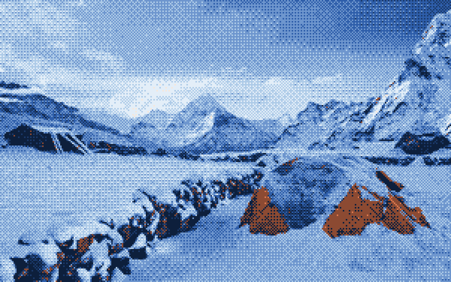 Dithered snowy mountain under a blue sky