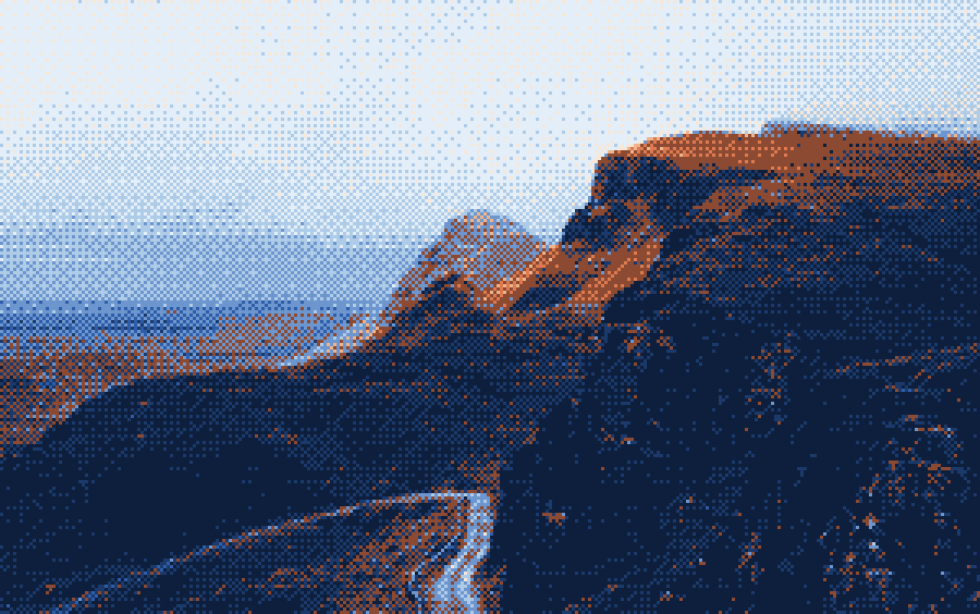 Dithered green hills under mist
